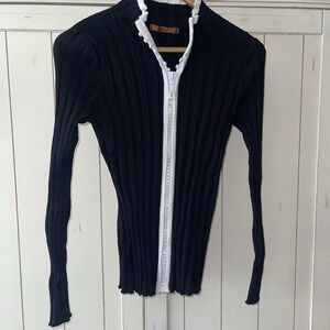 Belldini Cardigan Rhinestone Zip Details Blk/Wht Ribbed Trim Women's Sweater S